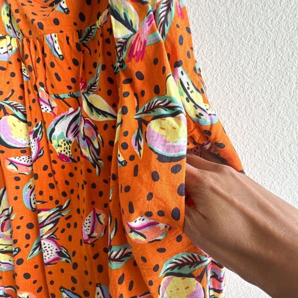 Anthropologie Kourt Aria Linen Tropical Short Dress Pockets Fruit Bird Medium - Picture 7 of 14
